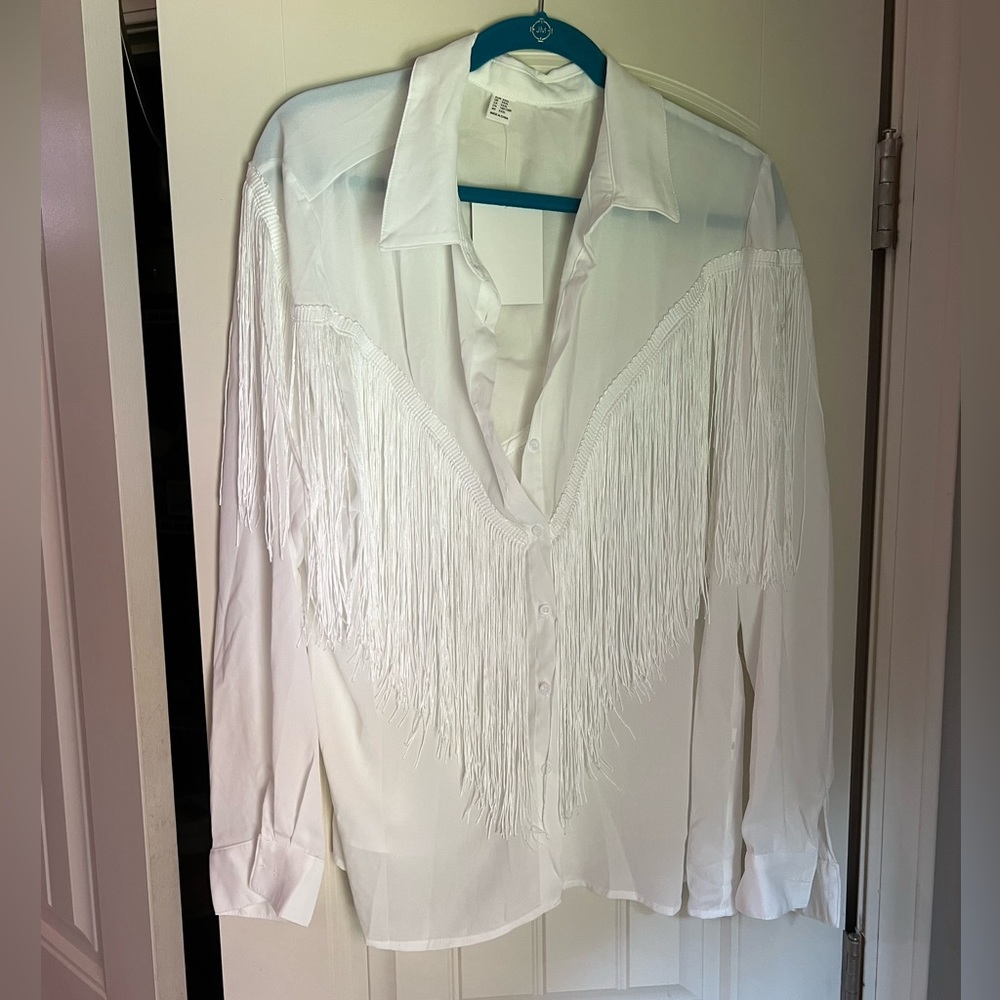 Fringe Button Down Women’s White Blouse, Plus Size 3XL, Sheer Shoulder Detail